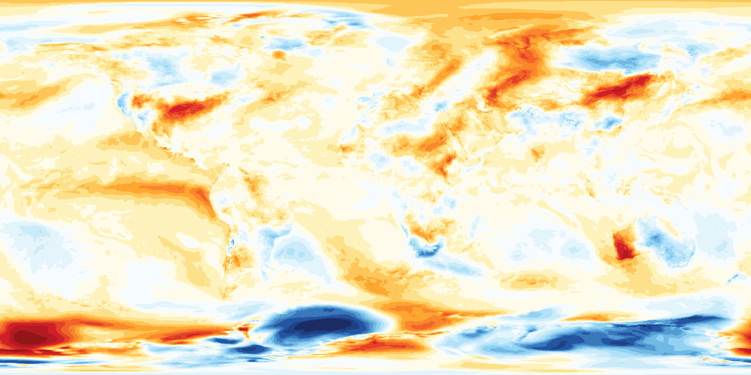A flat map of the world coloured by how far each place’s air temperature was from normal on 17 September 2026.