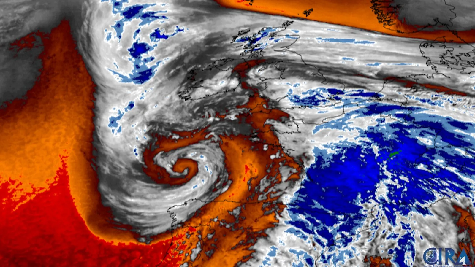 Satellite water-vapour image of Storm Babet spiralling over the British Isles.