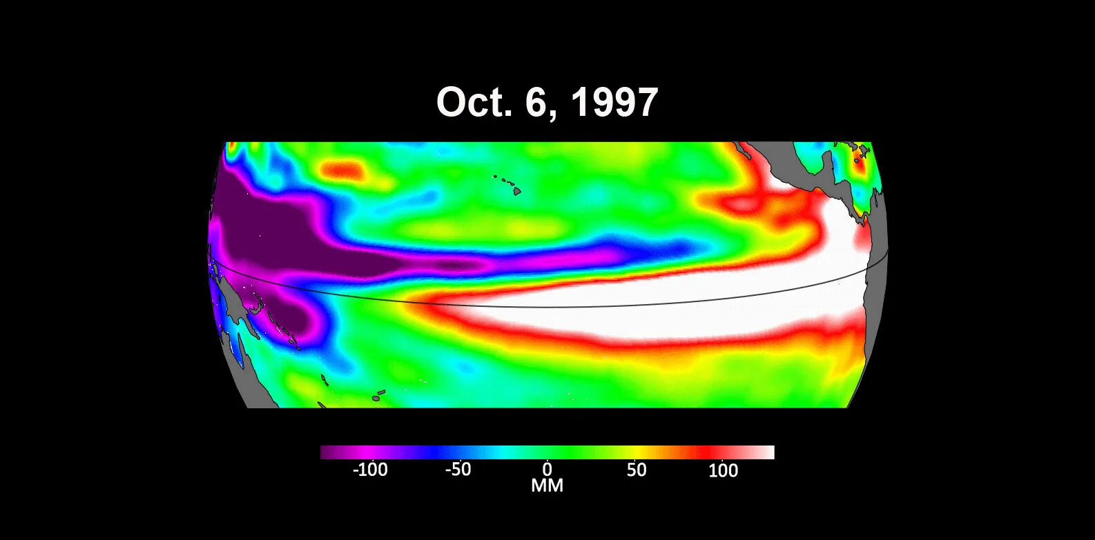 Three maps of Pacific sea level in early October 1997, 2015 and 2023, each with a red band of high water along the equator.