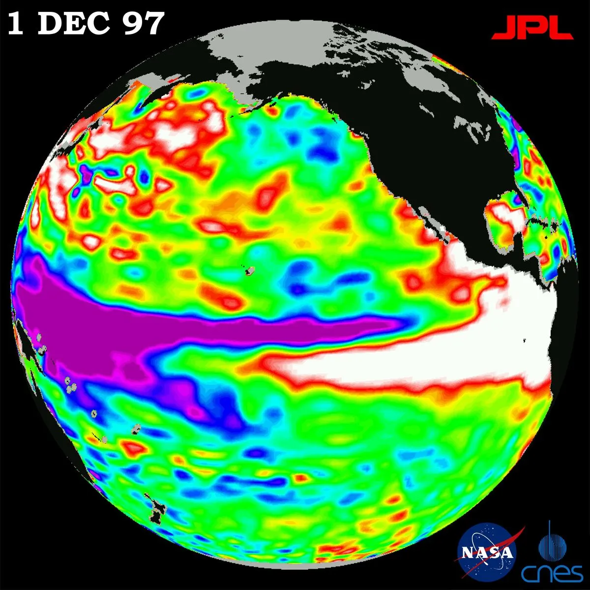 Globe view of the Pacific from the TOPEX/Poseidon satellite showing a white and red tongue of high sea level along the equator, 1 December 1997.