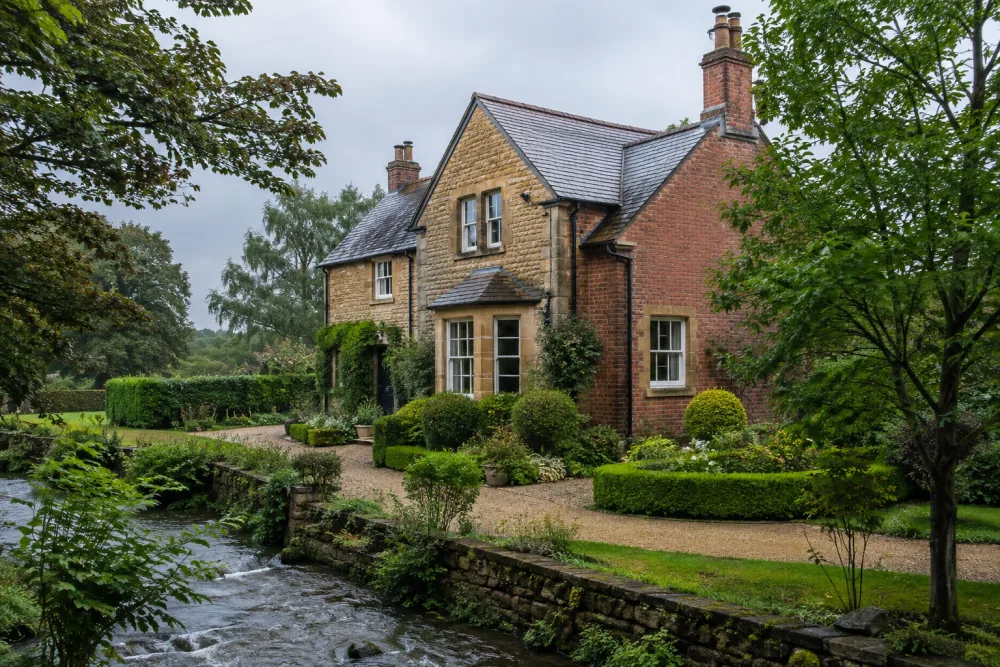 Illustrative English stone and brick home with a garden beside a stream