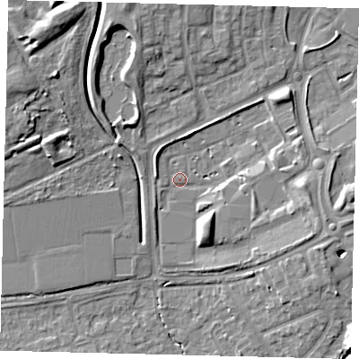Shaded relief map of the ground around AL109BE, computed from Environment Agency LiDAR. The ground here sits at about 74 m above sea level and falls 10 m across the surrounding 800 m. Surface water reaching this point runs off ground lying to the north-north-west, 5.7 m higher.