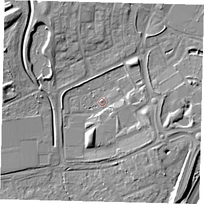 Shaded relief map of the ground around AL109BL, computed from Environment Agency LiDAR. The ground here sits at about 75 m above sea level and falls 10 m across the surrounding 800 m. Surface water reaching this point runs off ground lying to the east-south-east, 3.3 m higher.