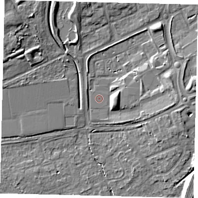 Shaded relief map of the ground around AL109EU, computed from Environment Agency LiDAR. The ground here sits at about 74 m above sea level and falls 10 m across the surrounding 800 m. Surface water reaching this point runs off ground lying to the east, 5.5 m higher.
