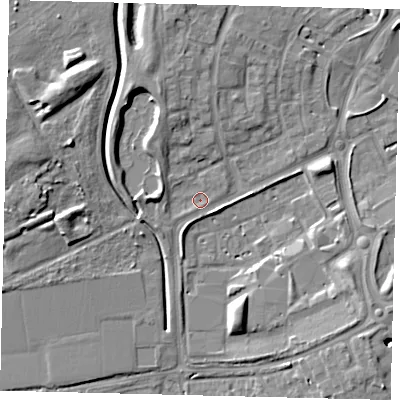Shaded relief map of the ground around AL109LS, computed from Environment Agency LiDAR. The ground here sits at about 75 m above sea level and falls 9 m across the surrounding 800 m. Surface water reaching this point runs off ground lying to the south-south-west, 1.4 m higher.