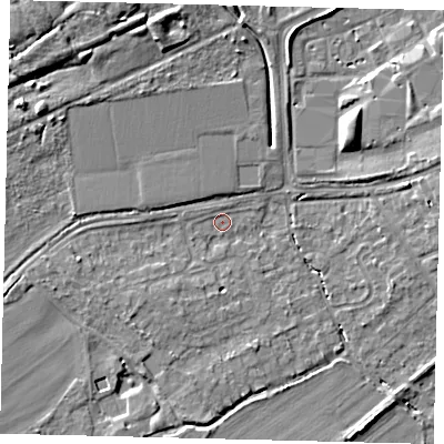 Shaded relief map of the ground around AL109RX, computed from Environment Agency LiDAR. The ground here sits at about 73 m above sea level and falls 8 m across the surrounding 800 m. Surface water reaching this point runs off ground lying to the west-north-west, 4.6 m higher.