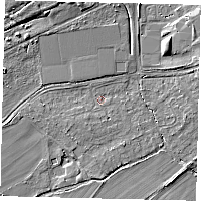 Shaded relief map of the ground around AL109RY, computed from Environment Agency LiDAR. The ground here sits at about 73 m above sea level and falls 7 m across the surrounding 800 m. Surface water reaching this point runs off ground lying to the west-north-west, 5.0 m higher.