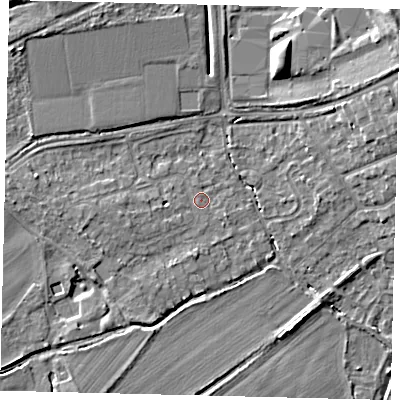 Shaded relief map of the ground around AL109RZ, computed from Environment Agency LiDAR. The ground here sits at about 73 m above sea level and falls 8 m across the surrounding 800 m. Surface water reaching this point runs off ground lying to the south-south-west, 2.7 m higher.