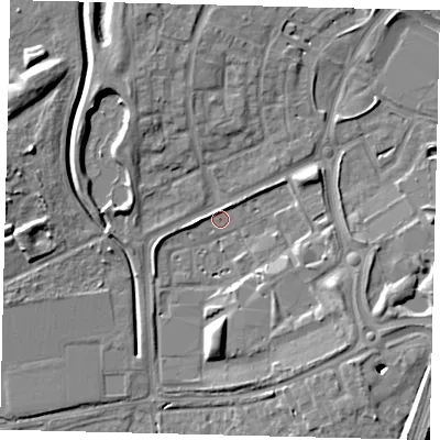 Shaded relief map of the ground around AL109UF, computed from Environment Agency LiDAR. The ground here sits at about 74 m above sea level and falls 9 m across the surrounding 800 m. Surface water reaching this point runs off ground lying to the north-west, 5.7 m higher.