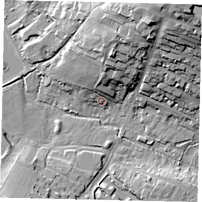 Shaded relief map of the ground around AL11DG, computed from Environment Agency LiDAR. The ground here sits at about 80 m above sea level and falls 39 m across the surrounding 800 m. Surface water reaching this point runs off ground lying to the north, 12.3 m higher.