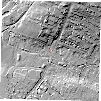 Shaded relief map of the ground around AL11DQ, computed from Environment Agency LiDAR. The ground here sits at about 77 m above sea level and falls 37 m across the surrounding 800 m. Surface water reaching this point runs off ground lying to the north, 27.1 m higher.