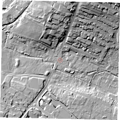 Shaded relief map of the ground around AL11HF, computed from Environment Agency LiDAR. The ground here sits at about 77 m above sea level and falls 35 m across the surrounding 800 m. Surface water reaching this point runs off ground lying to the north, 33.1 m higher.