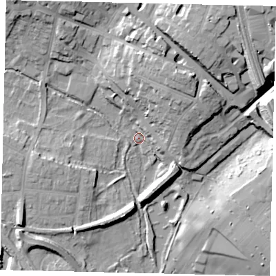 Shaded relief map of the ground around AL11ST, computed from Environment Agency LiDAR. The ground here sits at about 75 m above sea level and falls 28 m across the surrounding 800 m. Surface water reaching this point runs off ground lying to the north-north-east, 24.5 m higher.