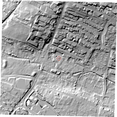 Shaded relief map of the ground around AL11TX, computed from Environment Agency LiDAR. The ground here sits at about 78 m above sea level and falls 36 m across the surrounding 800 m. Surface water reaching this point runs off ground lying to the north, 5.5 m higher.