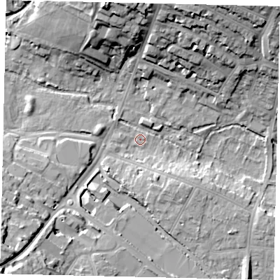 Shaded relief map of the ground around AL11XU, computed from Environment Agency LiDAR. The ground here sits at about 77 m above sea level and falls 27 m across the surrounding 800 m. Surface water reaching this point runs off ground lying to the south, 2.5 m higher.