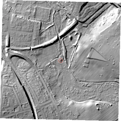 Shaded relief map of the ground around AL12ES, computed from Environment Agency LiDAR. The ground here sits at about 75 m above sea level and falls 25 m across the surrounding 800 m. Surface water reaching this point runs off ground lying to the north-north-east, 15.6 m higher.