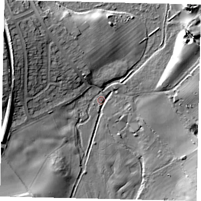 Shaded relief map of the ground around AL12HE, computed from Environment Agency LiDAR. The ground here sits at about 71 m above sea level and falls 19 m across the surrounding 800 m. Surface water reaching this point runs off ground lying to the north-east, 16.8 m higher.