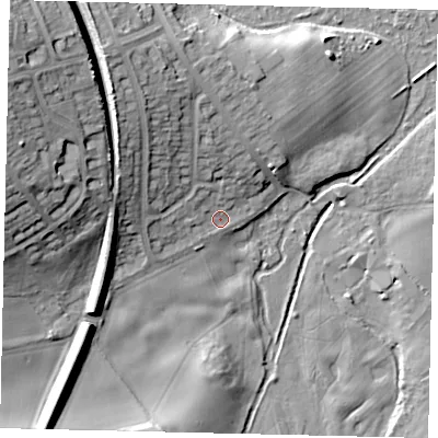 Shaded relief map of the ground around AL12HJ, computed from Environment Agency LiDAR. The ground here sits at about 73 m above sea level and falls 25 m across the surrounding 800 m. Surface water reaching this point runs off ground lying to the north-north-west, 14.2 m higher.