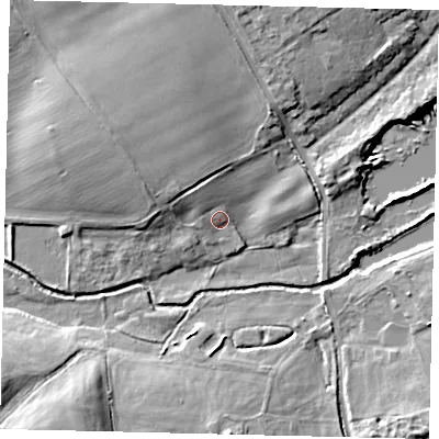 Shaded relief map of the ground around AL21AD, computed from Environment Agency LiDAR. The ground here sits at about 66 m above sea level and falls 10 m across the surrounding 800 m. Surface water reaching this point runs off ground lying to the north-west, 2.6 m higher.