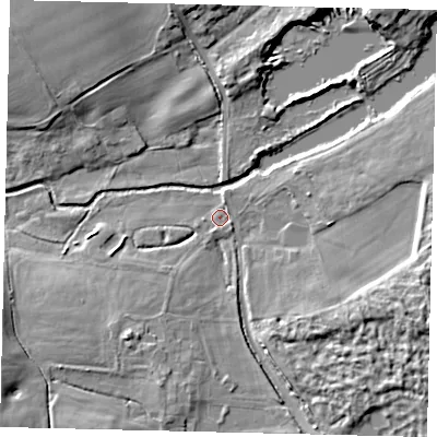 Shaded relief map of the ground around AL21AH, computed from Environment Agency LiDAR. The ground here sits at about 65 m above sea level and falls 10 m across the surrounding 800 m. Surface water reaching this point runs off ground lying to the east-south-east, 9.2 m higher.