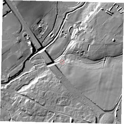 Shaded relief map of the ground around AL21BA, computed from Environment Agency LiDAR. The ground here sits at about 68 m above sea level and falls 15 m across the surrounding 800 m. Surface water reaching this point runs off ground lying to the south-south-west, 3.5 m higher.