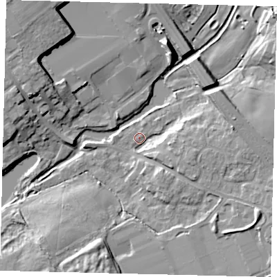 Shaded relief map of the ground around AL21BE, computed from Environment Agency LiDAR. The ground here sits at about 66 m above sea level and falls 13 m across the surrounding 800 m. Surface water reaching this point runs off ground lying to the east-south-east, 5.9 m higher.