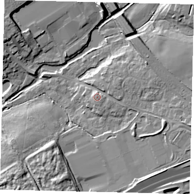 Shaded relief map of the ground around AL21BG, computed from Environment Agency LiDAR. The ground here sits at about 70 m above sea level and falls 12 m across the surrounding 800 m. Surface water reaching this point runs off ground lying to the east, 1.9 m higher.