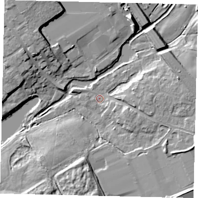 Shaded relief map of the ground around AL21BJ, computed from Environment Agency LiDAR. The ground here sits at about 66 m above sea level and falls 13 m across the surrounding 800 m. Surface water reaching this point runs off ground lying to the east-south-east, 4.6 m higher.