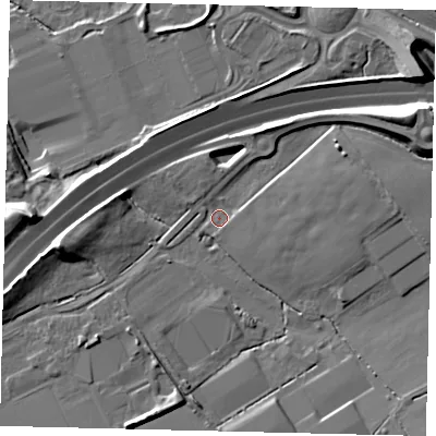 Shaded relief map of the ground around AL21BY, computed from Environment Agency LiDAR. The ground here sits at about 69 m above sea level and falls 13 m across the surrounding 800 m. Surface water reaching this point runs off ground lying to the south-south-west, 6.0 m higher.