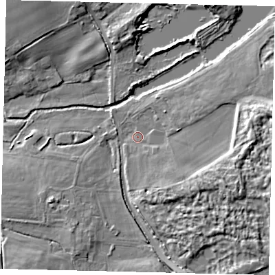 Shaded relief map of the ground around AL21DG, computed from Environment Agency LiDAR. The ground here sits at about 66 m above sea level and falls 10 m across the surrounding 800 m. Surface water reaching this point runs off ground lying to the east-south-east, 7.9 m higher.