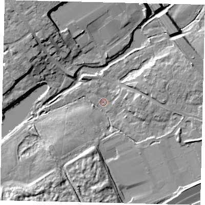 Shaded relief map of the ground around AL21DP, computed from Environment Agency LiDAR. The ground here sits at about 66 m above sea level and falls 12 m across the surrounding 800 m. Surface water reaching this point runs off ground lying to the south, 8.7 m higher.