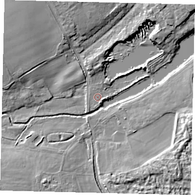 Shaded relief map of the ground around AL21DQ, computed from Environment Agency LiDAR. The ground here sits at about 65 m above sea level and falls 10 m across the surrounding 800 m. Surface water reaching this point runs off ground lying to the south-west, 0.9 m higher.