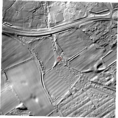 Shaded relief map of the ground around AL21DW, computed from Environment Agency LiDAR. The ground here sits at about 74 m above sea level and falls 14 m across the surrounding 800 m. Surface water reaching this point runs off ground lying to the south-west, 11.7 m higher.