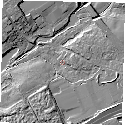 Shaded relief map of the ground around AL21DY, computed from Environment Agency LiDAR. The ground here sits at about 66 m above sea level and falls 12 m across the surrounding 800 m. Surface water reaching this point runs off ground lying to the east-south-east, 7.7 m higher.