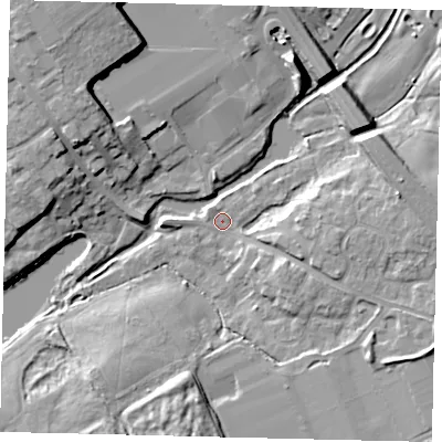 Shaded relief map of the ground around AL21FS, computed from Environment Agency LiDAR. The ground here sits at about 66 m above sea level and falls 13 m across the surrounding 800 m. Surface water reaching this point runs off ground lying to the south-east, 4.6 m higher.