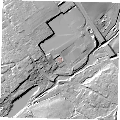 Shaded relief map of the ground around AL21HG, computed from Environment Agency LiDAR. The ground here sits at about 68 m above sea level and falls 16 m across the surrounding 800 m. Surface water reaching this point runs off ground lying to the west-north-west, 4.6 m higher.