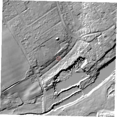 Shaded relief map of the ground around AL21LQ, computed from Environment Agency LiDAR. The ground here sits at about 67 m above sea level and falls 13 m across the surrounding 800 m. Surface water reaching this point runs off ground lying to the north-east, 9.6 m higher.
