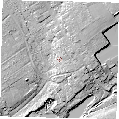 Shaded relief map of the ground around AL21NZ, computed from Environment Agency LiDAR. The ground here sits at about 71 m above sea level and falls 16 m across the surrounding 800 m. Surface water reaching this point runs off ground lying to the north-east, 6.1 m higher.