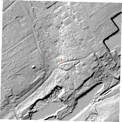 Shaded relief map of the ground around AL21PA, computed from Environment Agency LiDAR. The ground here sits at about 69 m above sea level and falls 14 m across the surrounding 800 m. Surface water reaching this point runs off ground lying to the east, 5.4 m higher.