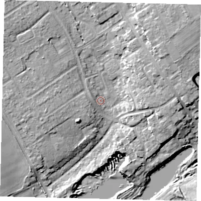 Shaded relief map of the ground around AL21PB, computed from Environment Agency LiDAR. The ground here sits at about 68 m above sea level and falls 14 m across the surrounding 800 m. Surface water reaching this point runs off ground lying to the west-south-west, 2.4 m higher.