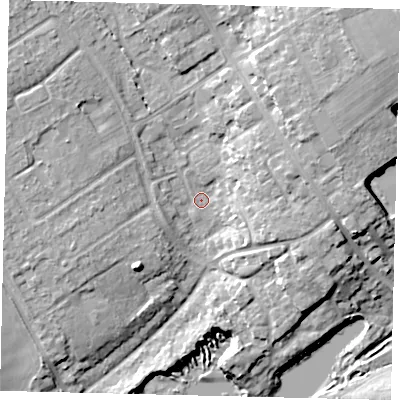 Shaded relief map of the ground around AL21PE, computed from Environment Agency LiDAR. The ground here sits at about 68 m above sea level and falls 14 m across the surrounding 800 m. Surface water reaching this point runs off ground lying to the north-east, 10.3 m higher.