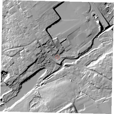 Shaded relief map of the ground around AL21QA, computed from Environment Agency LiDAR. The ground here sits at about 66 m above sea level and falls 13 m across the surrounding 800 m. Surface water reaching this point runs off ground lying to the north-north-west, 9.5 m higher.