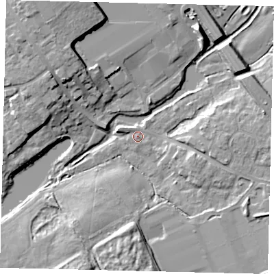 Shaded relief map of the ground around AL21QU, computed from Environment Agency LiDAR. The ground here sits at about 66 m above sea level and falls 13 m across the surrounding 800 m. Surface water reaching this point runs off ground lying to the east-south-east, 4.8 m higher.