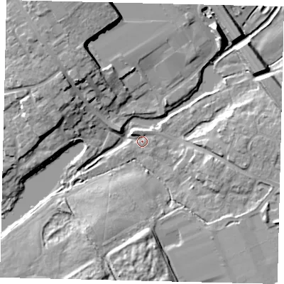Shaded relief map of the ground around AL21QX, computed from Environment Agency LiDAR. The ground here sits at about 66 m above sea level and falls 13 m across the surrounding 800 m. Surface water reaching this point runs off ground lying to the north-west, 2.8 m higher.