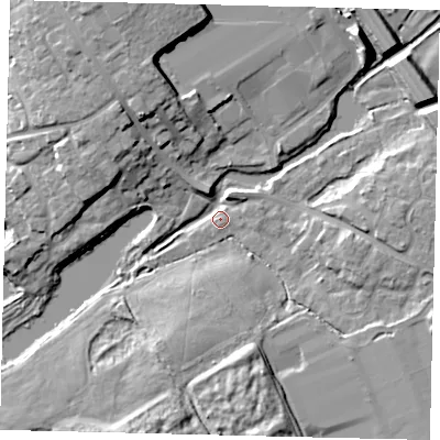 Shaded relief map of the ground around AL21QY, computed from Environment Agency LiDAR. The ground here sits at about 66 m above sea level and falls 13 m across the surrounding 800 m. Surface water reaching this point runs off ground lying to the north-north-east, 4.1 m higher.