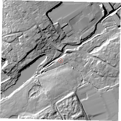 Shaded relief map of the ground around AL21QZ, computed from Environment Agency LiDAR. The ground here sits at about 66 m above sea level and falls 12 m across the surrounding 800 m. Surface water reaching this point runs off ground lying to the south-south-east, 10.4 m higher.
