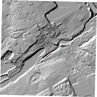 Shaded relief map of the ground around AL21RB, computed from Environment Agency LiDAR. The ground here sits at about 66 m above sea level and falls 13 m across the surrounding 800 m. Surface water reaching this point runs off ground lying to the north-north-west, 8.9 m higher.