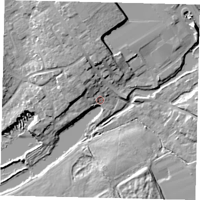 Shaded relief map of the ground around AL21RD, computed from Environment Agency LiDAR. The ground here sits at about 66 m above sea level and falls 13 m across the surrounding 800 m. Surface water reaching this point runs off ground lying to the north-north-west, 8.2 m higher.