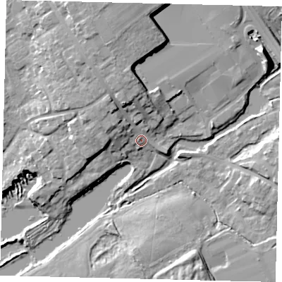 Shaded relief map of the ground around AL21RE, computed from Environment Agency LiDAR. The ground here sits at about 67 m above sea level and falls 13 m across the surrounding 800 m. Surface water reaching this point runs off ground lying to the north-north-west, 9.0 m higher.
