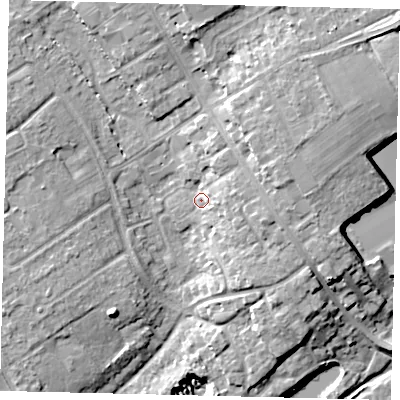 Shaded relief map of the ground around AL21RN, computed from Environment Agency LiDAR. The ground here sits at about 69 m above sea level and falls 16 m across the surrounding 800 m. Surface water reaching this point runs off ground lying to the east-north-east, 7.6 m higher.